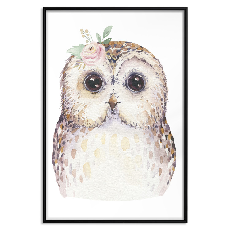 Wall Poster Cheerful Owl - portrait of an owl with a flower on a white contrasting background 135721 additionalImage 18