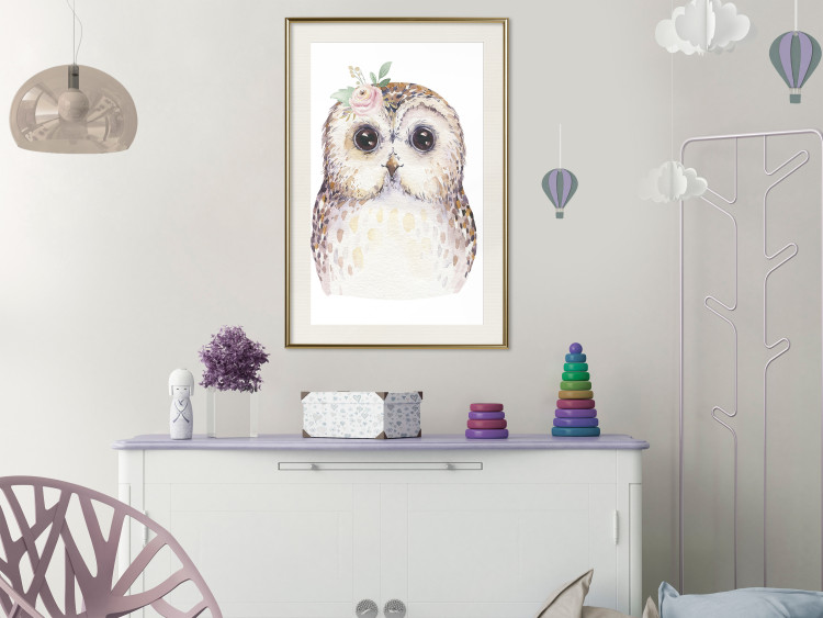 Wall Poster Cheerful Owl - portrait of an owl with a flower on a white contrasting background 135721 additionalImage 20