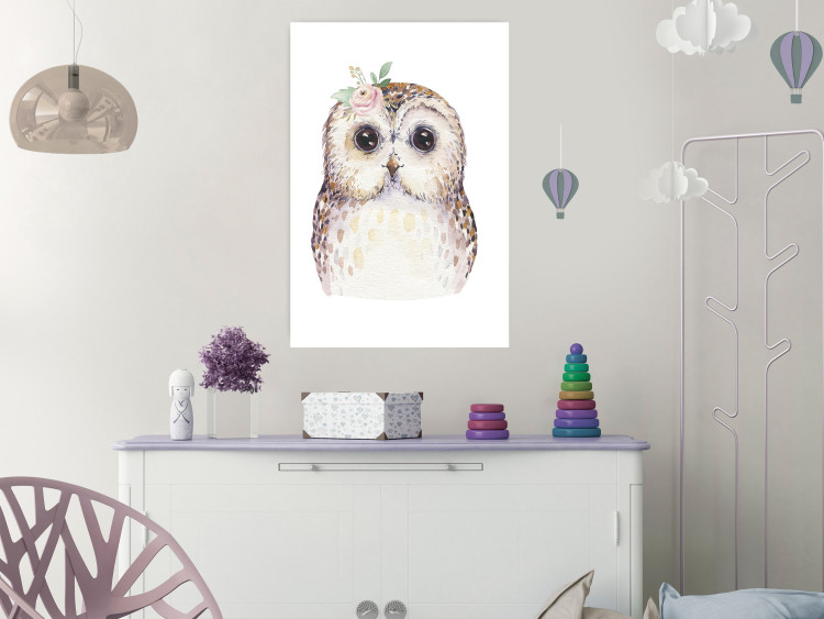 Wall Poster Cheerful Owl - portrait of an owl with a flower on a white contrasting background 135721 additionalImage 18