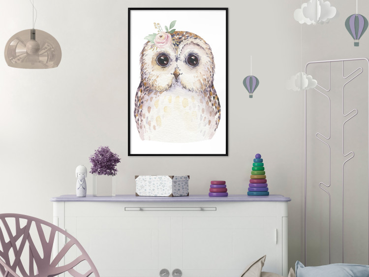 Wall Poster Cheerful Owl - portrait of an owl with a flower on a white contrasting background 135721 additionalImage 26
