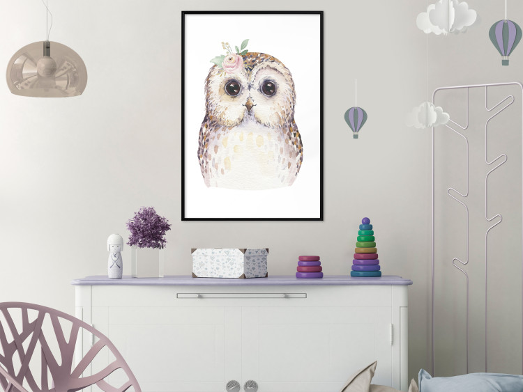 Wall Poster Cheerful Owl - portrait of an owl with a flower on a white contrasting background 135721 additionalImage 16