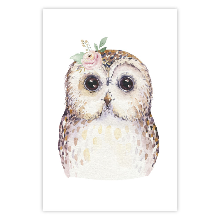 Wall Poster Cheerful Owl - portrait of an owl with a flower on a white contrasting background 135721 additionalImage 16