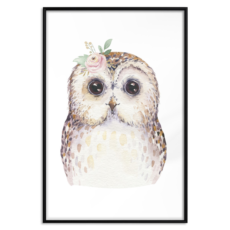 Wall Poster Cheerful Owl - portrait of an owl with a flower on a white contrasting background 135721 additionalImage 10