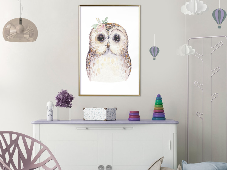 Wall Poster Cheerful Owl - portrait of an owl with a flower on a white contrasting background 135721 additionalImage 15