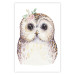 Wall Poster Cheerful Owl - portrait of an owl with a flower on a white contrasting background 135721