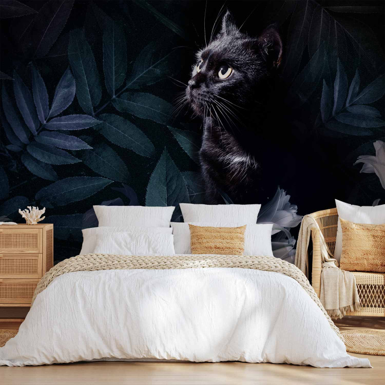 Wall Mural Animal motif - black cat surrounded by blue leaves and flowers 143421 additionalImage 2