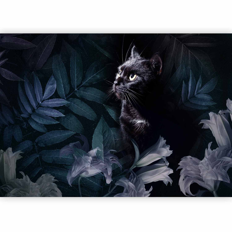 Wall Mural Animal motif - black cat surrounded by blue leaves and flowers 143421 additionalImage 1