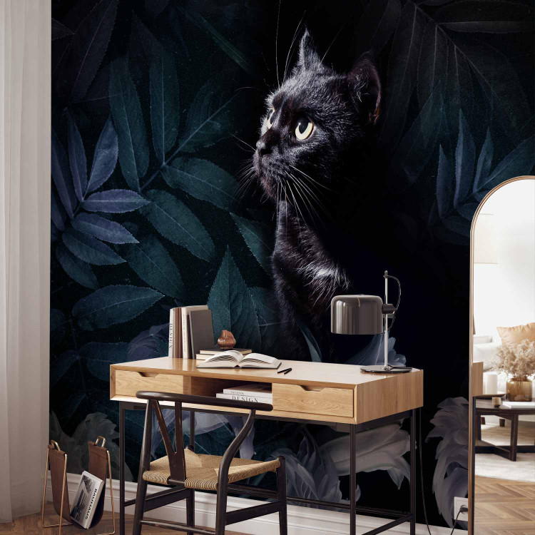Wall Mural Animal motif - black cat surrounded by blue leaves and flowers 143421