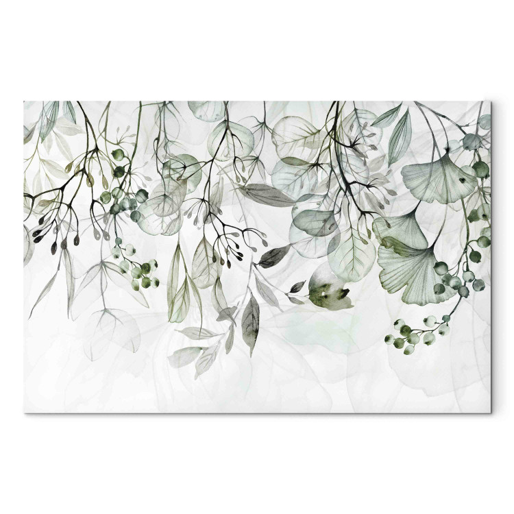Canvas Art Print Watercolor Nature - Green Leaves, Flowers and Fruits on a White Background 151421