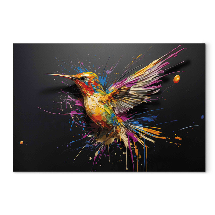 Canvas Colorful Bird - Watercolor Vision of a Hummingbird on a Black Background 159521