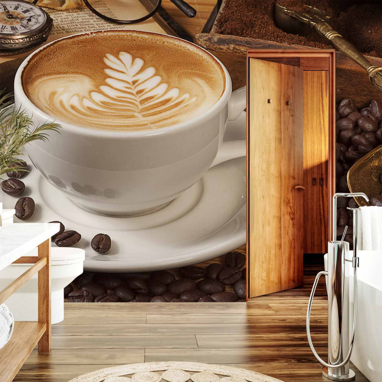 Wall Mural Maybe Coffee? - Classic White Coffee Cup with a Book on a Brown Background 60221 additionalImage 8