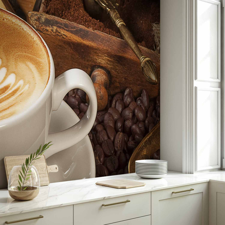 Wall Mural Maybe Coffee? - Classic White Coffee Cup with a Book on a Brown Background 60221 additionalImage 7
