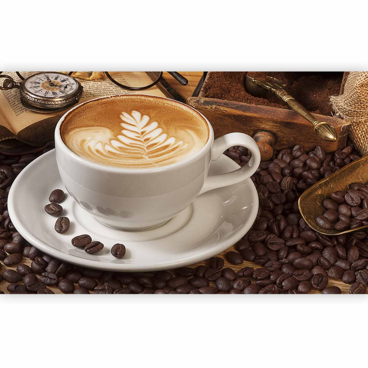 Wall Mural Maybe Coffee? - Classic White Coffee Cup with a Book on a Brown Background 60221 additionalImage 5