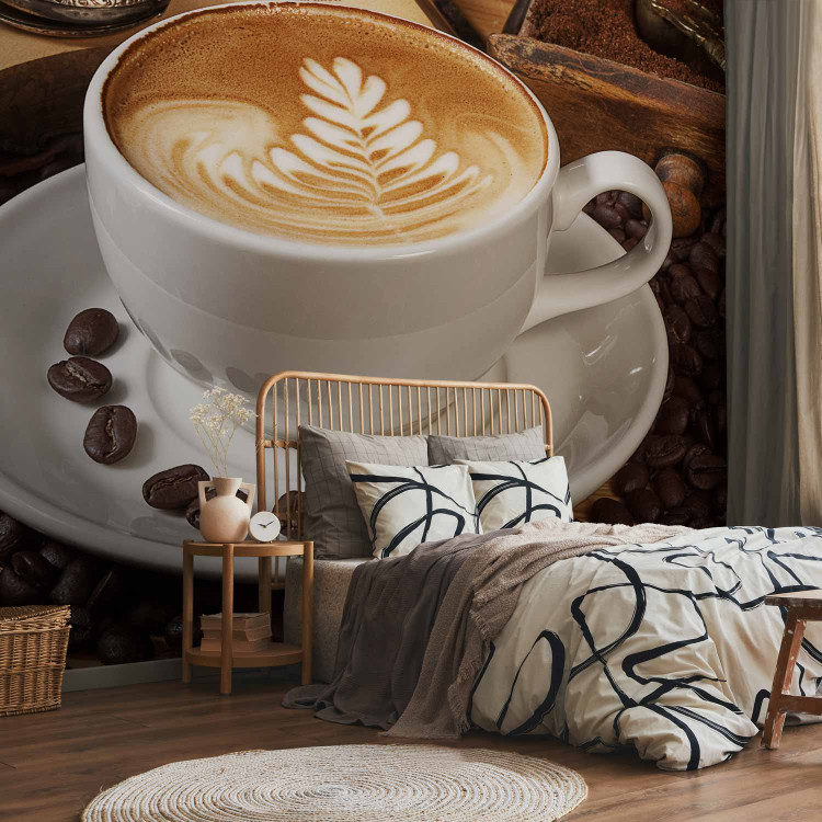 Wall Mural Maybe Coffee? - Classic White Coffee Cup with a Book on a Brown Background 60221 additionalImage 2