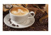 Wall Mural Maybe Coffee? - Classic White Coffee Cup with a Book on a Brown Background 60221 additionalThumb 1