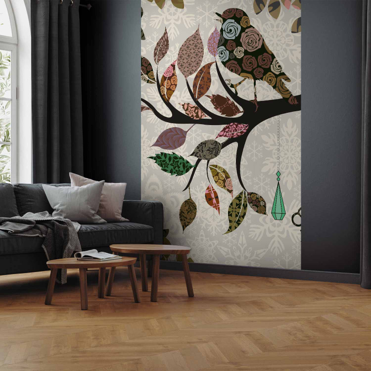 Wall Mural Retro Abstraction - Boho patchwork with bird on a tree branch pattern 61321