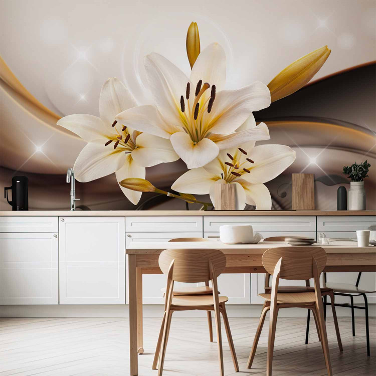 Photo Wallpaper White lily - a composition of nature with a delicate background of gold and 3D sparkle 63921 additionalImage 6