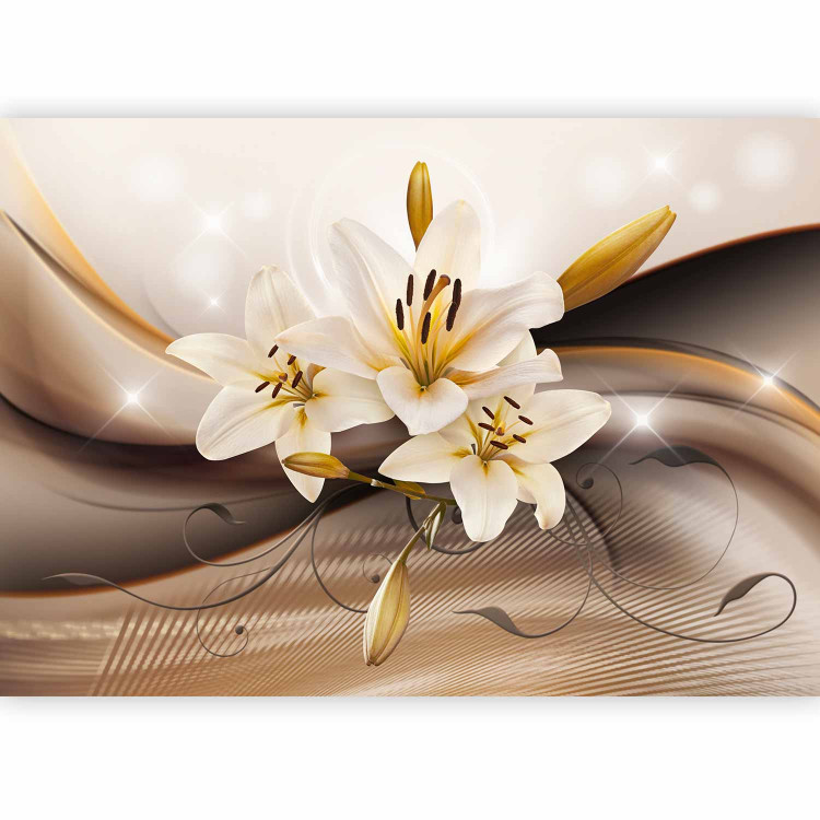 Photo Wallpaper White lily - a composition of nature with a delicate background of gold and 3D sparkle 63921 additionalImage 1