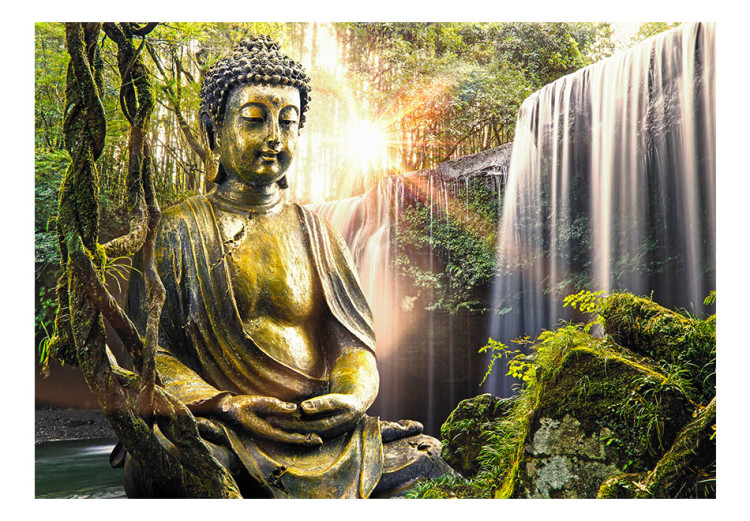 Wall Mural Harmony guard - Buddha figurine surrounded by beauty of nature, waterfall and exotic Asian vegetation 89021 additionalImage 1