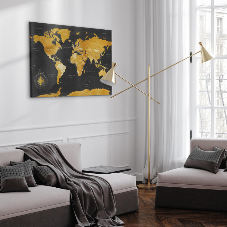Canvas Art Print Yellow Continents (1-part) - Colorful Black-Gold World Map 95921 additionalImage 10