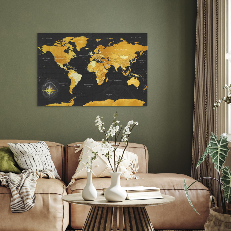 Canvas Art Print Yellow Continents (1-part) - Colorful Black-Gold World Map 95921 additionalImage 11