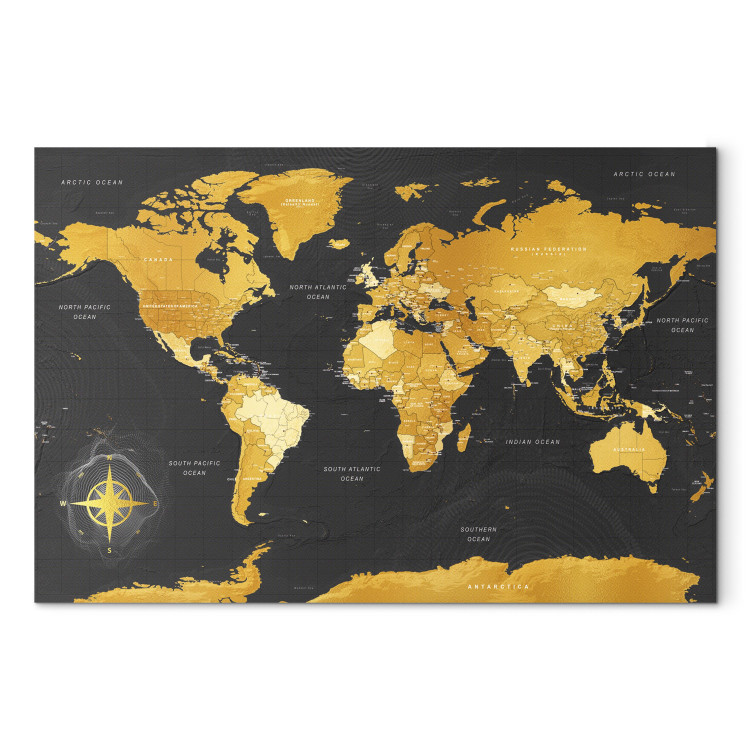 Canvas Art Print Yellow Continents (1-part) - Colorful Black-Gold World Map 95921