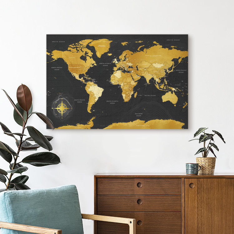 Canvas Art Print Yellow Continents (1-part) - Colorful Black-Gold World Map 95921 additionalImage 3
