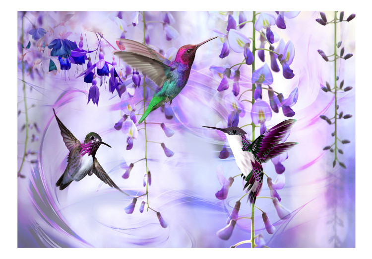 Photo Wallpaper Flying hummingbirds - flying birds motif among flowers in purple 108031 additionalImage 1