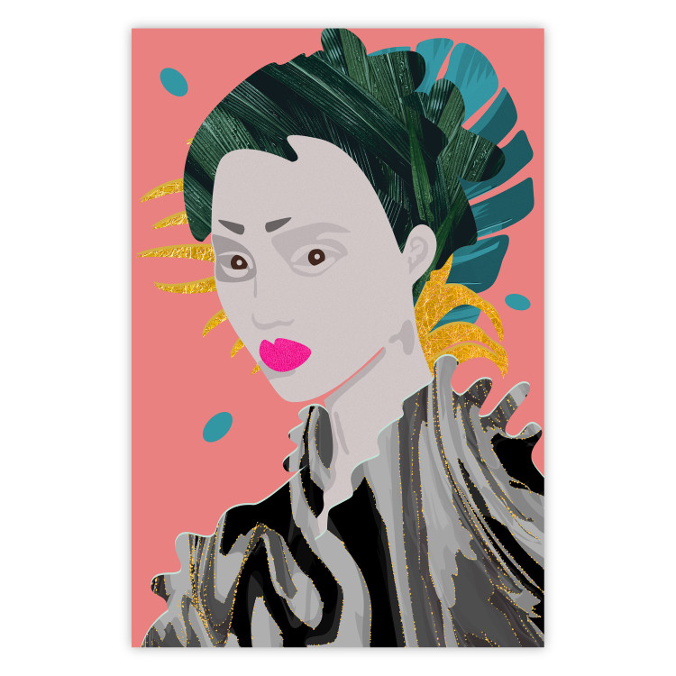 Poster Asian Style - abstraction with a woman's portrait on a salmon background 116931