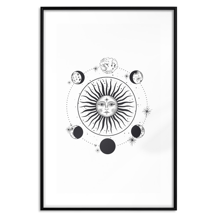 Poster Moon Phases - black and white composition with the sun with a human face 117031 additionalImage 15