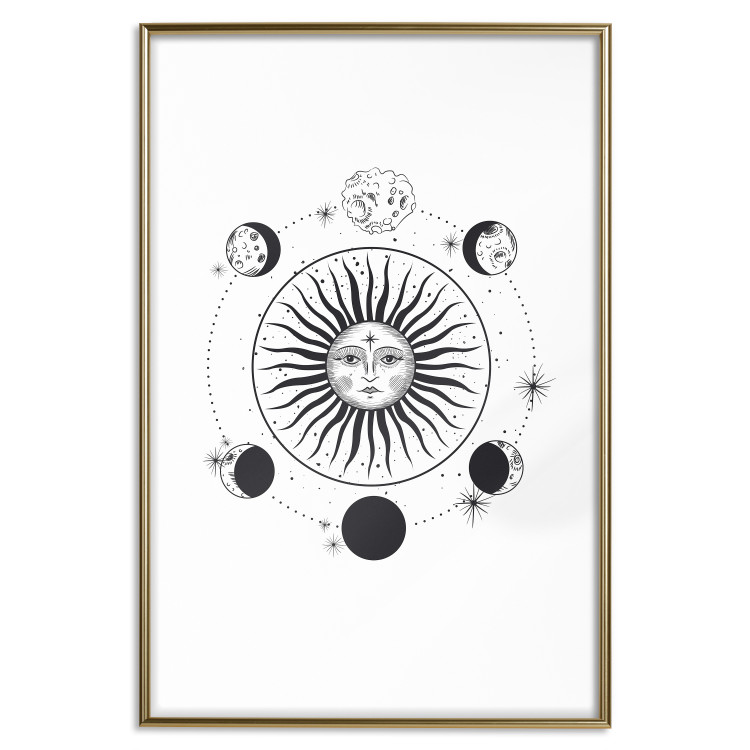 Poster Moon Phases - black and white composition with the sun with a human face 117031 additionalImage 20