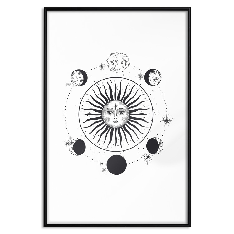 Poster Moon Phases - black and white composition with the sun with a human face 117031 additionalImage 24