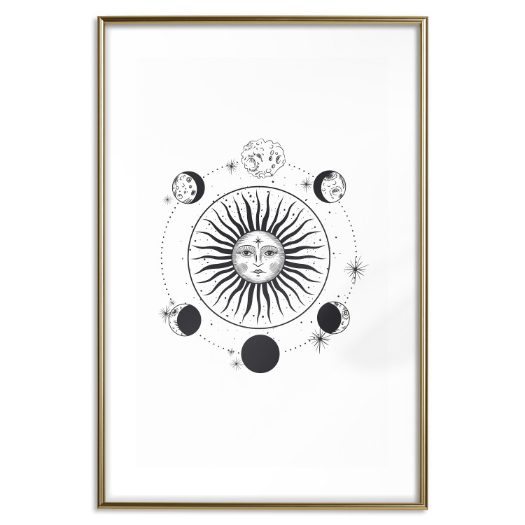 Poster Moon Phases - black and white composition with the sun with a human face 117031 additionalImage 14