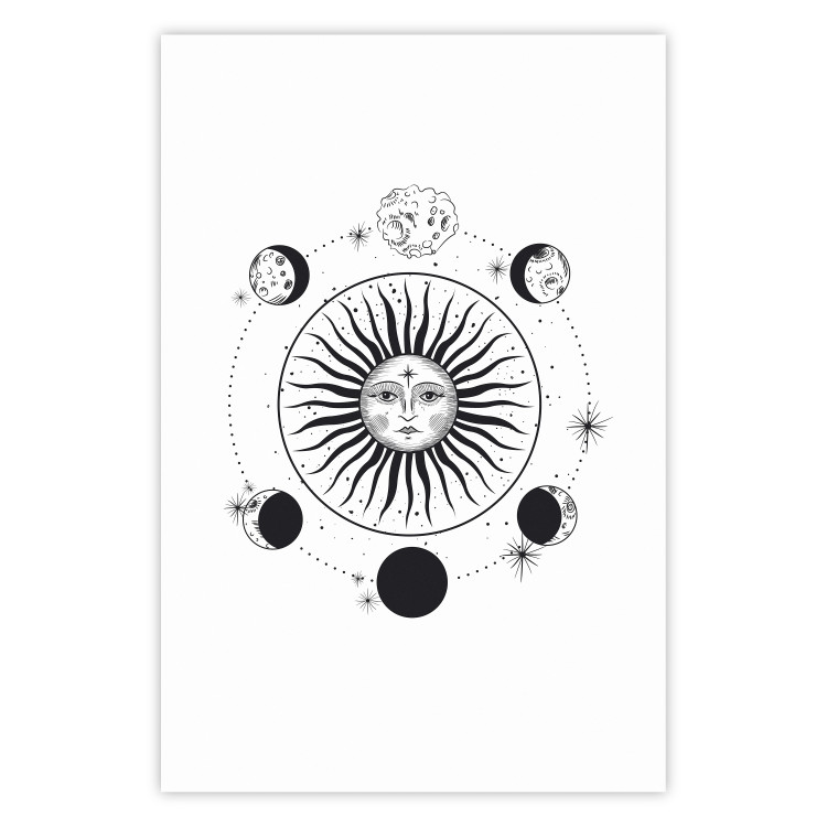Poster Moon Phases - black and white composition with the sun with a human face 117031
