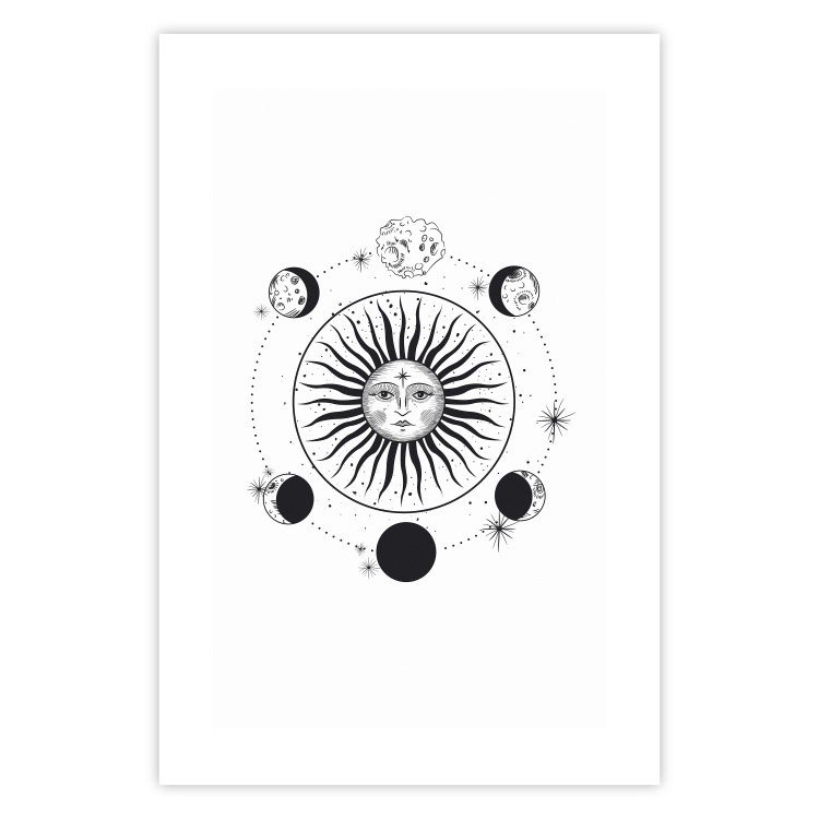 Poster Moon Phases - black and white composition with the sun with a human face 117031 additionalImage 19