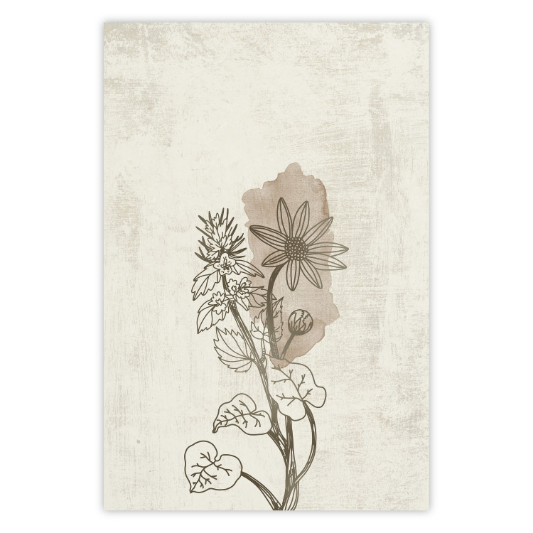 Wall Poster Nature Outline - flower with leaves on a light beige background in a retro motif 125731
