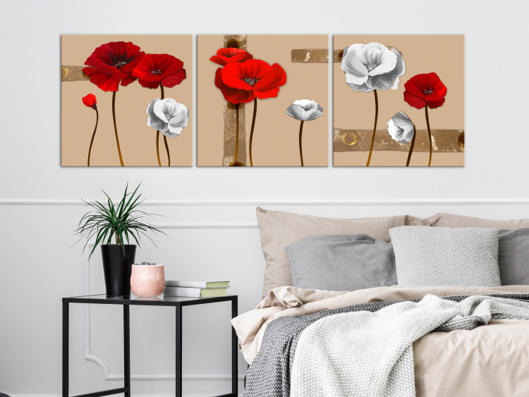 Canvas Print White and red poppies - triptych with flowers on a brown background 128831 additionalImage 3
