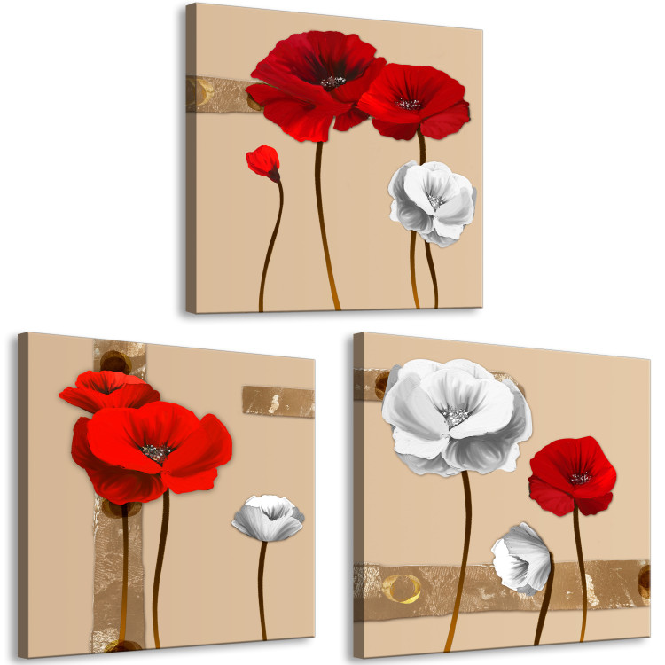Canvas Print White and red poppies - triptych with flowers on a brown background 128831 additionalImage 2