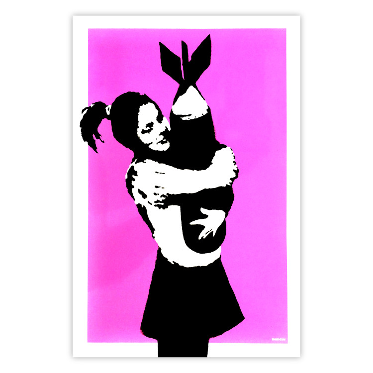 Wall Poster Bomb Hugger - girl with a bomb on a pink background in Banksy style 132431