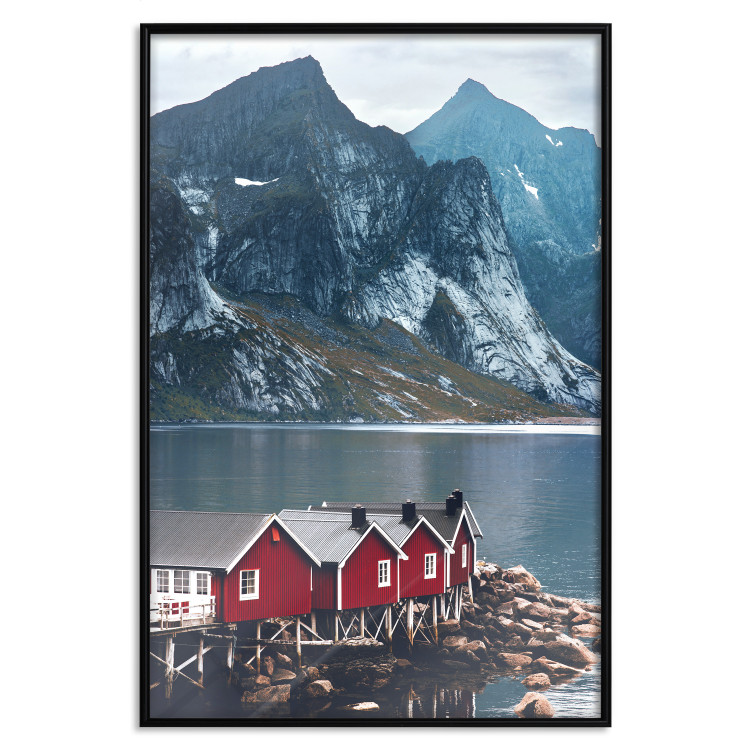 Poster Soothing Blue - landscape of a red cottage and lake against mountains 138731 additionalImage 14