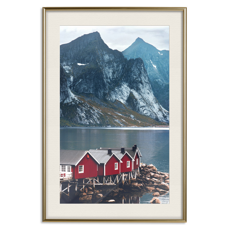Poster Soothing Blue - landscape of a red cottage and lake against mountains 138731 additionalImage 27