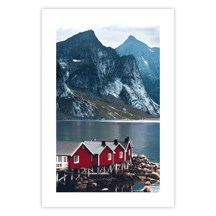 Poster Soothing Blue - landscape of a red cottage and lake against mountains 138731 additionalImage 20