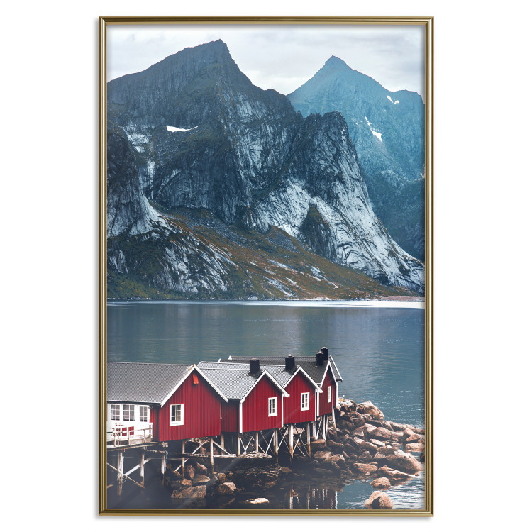 Poster Soothing Blue - landscape of a red cottage and lake against mountains 138731 additionalImage 18