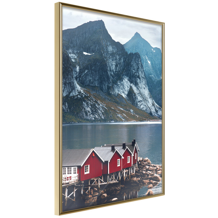 Poster Soothing Blue - landscape of a red cottage and lake against mountains 138731 additionalImage 6