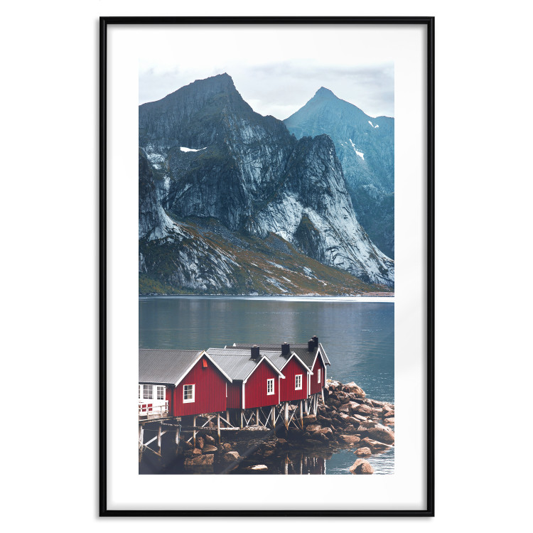 Poster Soothing Blue - landscape of a red cottage and lake against mountains 138731 additionalImage 12