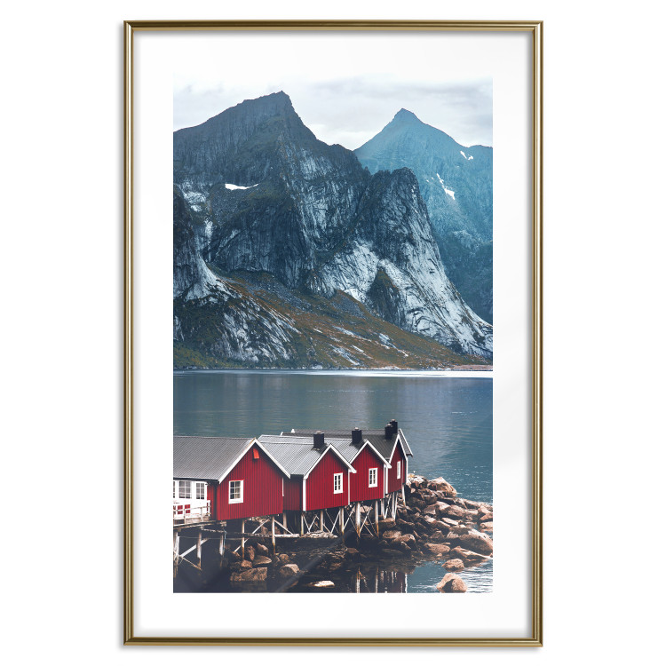 Poster Soothing Blue - landscape of a red cottage and lake against mountains 138731 additionalImage 17