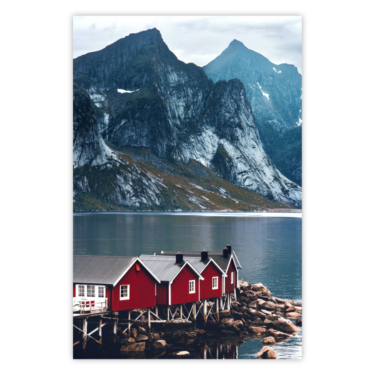 Poster Soothing Blue - landscape of a red cottage and lake against mountains 138731