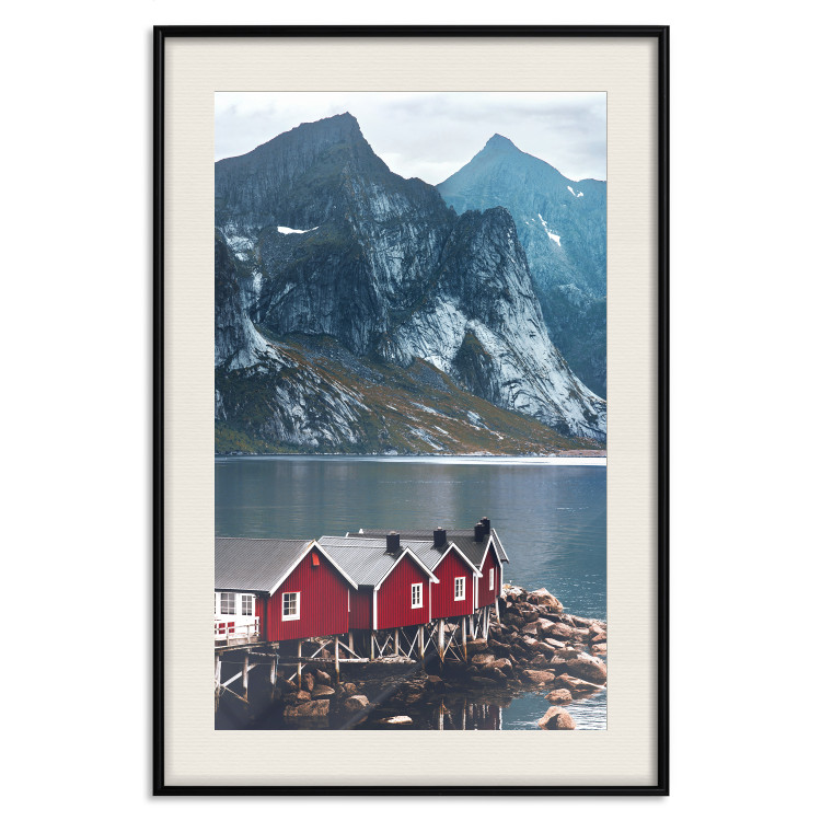 Poster Soothing Blue - landscape of a red cottage and lake against mountains 138731 additionalImage 14