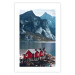 Poster Soothing Blue - landscape of a red cottage and lake against mountains 138731 additionalThumb 26