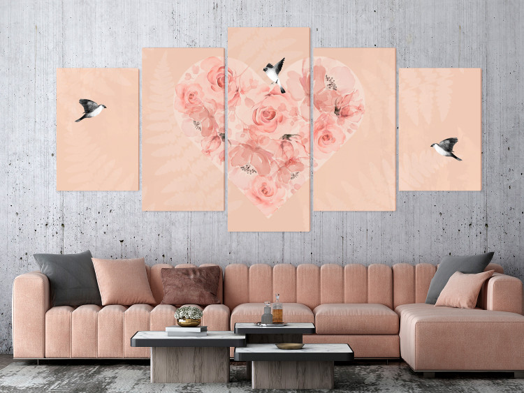 Canvas Rose Heart (5-piece) Wide - flowers and birds on a pink background 142331 additionalImage 3